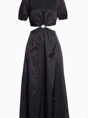 STAUD Black Cutout Maxi Dress with Ring Detail and Puff Sleeves